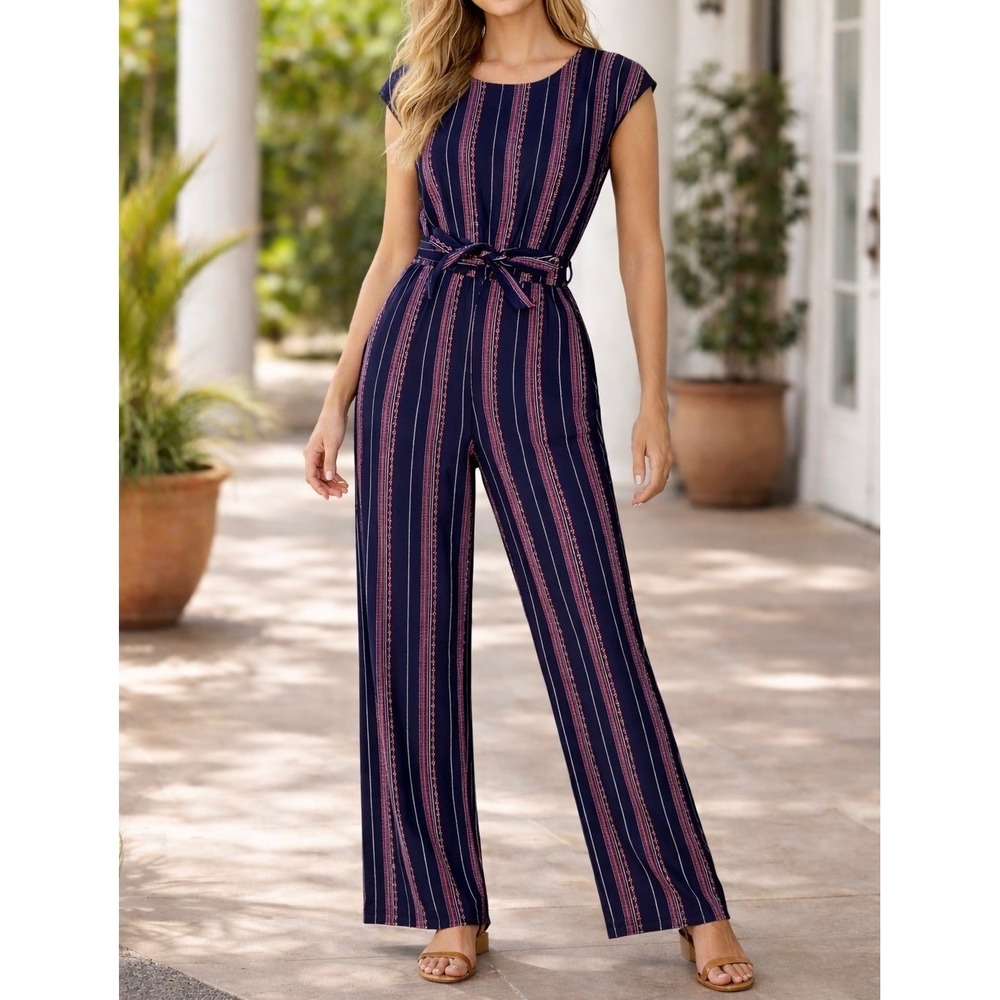 Enfocus‎ Studio Navy Blue Striped Wide Leg Jumpsuit Sleeveless Size 4